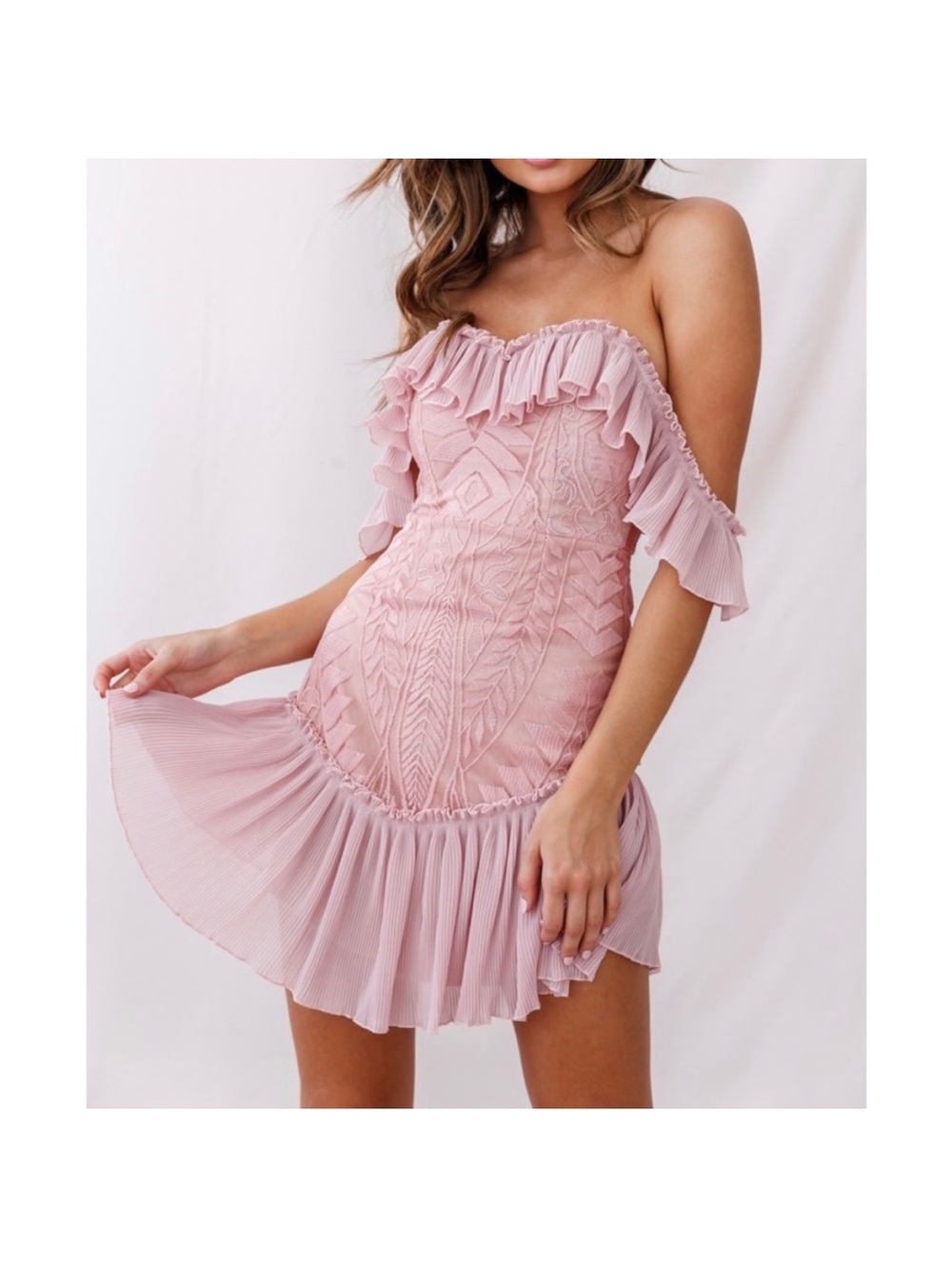 VICI Dreamy Off-the-Shoulder Blush Pink Ruffle Mini Dress